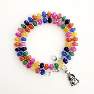 MODERN MULTI COLORED JADE STONE NECKLACE W/ 925 SILVER HAPPY BUDDHA CHARM